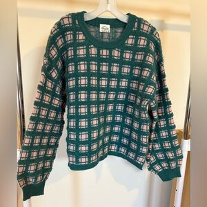 Green and Pink Plaid Crewneck Sweater - Women's